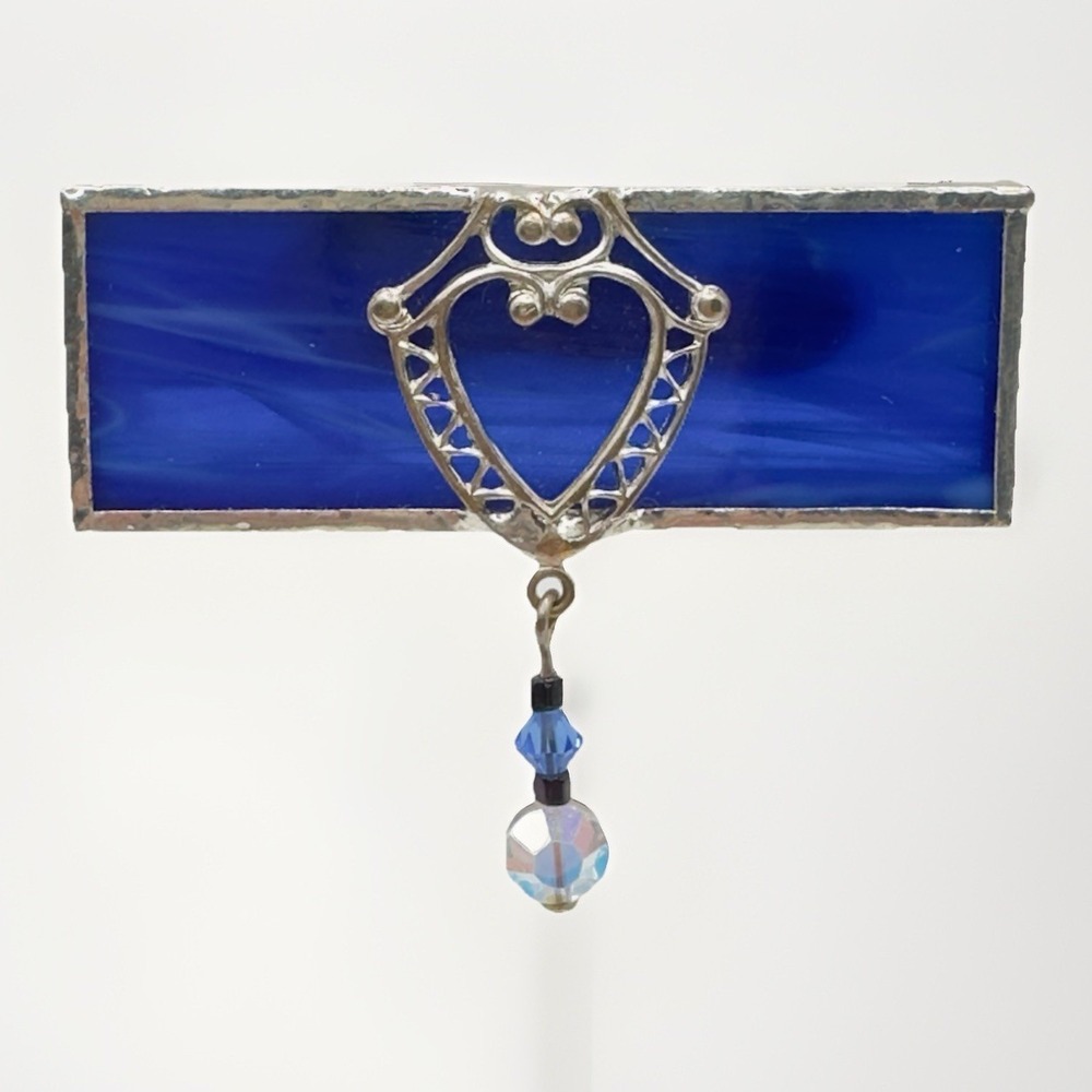 Artisan Stained Glass Brooch Victorian Style Blue & Silver‎ Tone Dangle Pin 2"